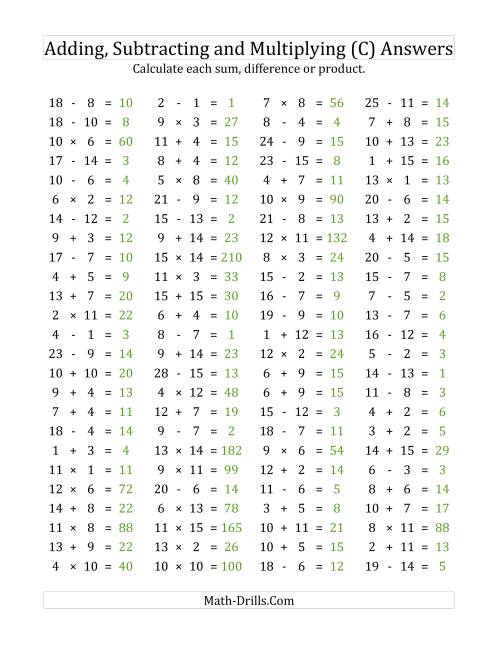 The 100 Horizontal Addition/Subtraction/Multiplication Questions (Facts 1 to 15) (C) Math Worksheet Page 2