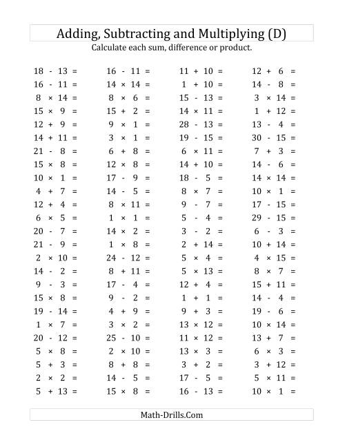 The 100 Horizontal Addition/Subtraction/Multiplication Questions (Facts 1 to 15) (D) Math Worksheet