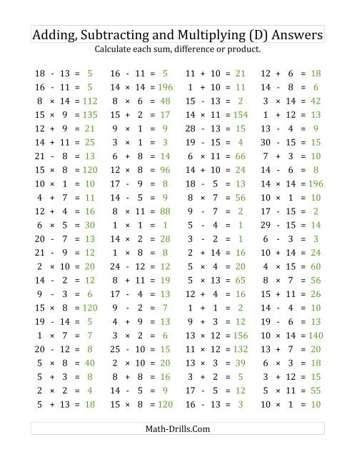 The 100 Horizontal Addition/Subtraction/Multiplication Questions (Facts 1 to 15) (D) Math Worksheet Page 2
