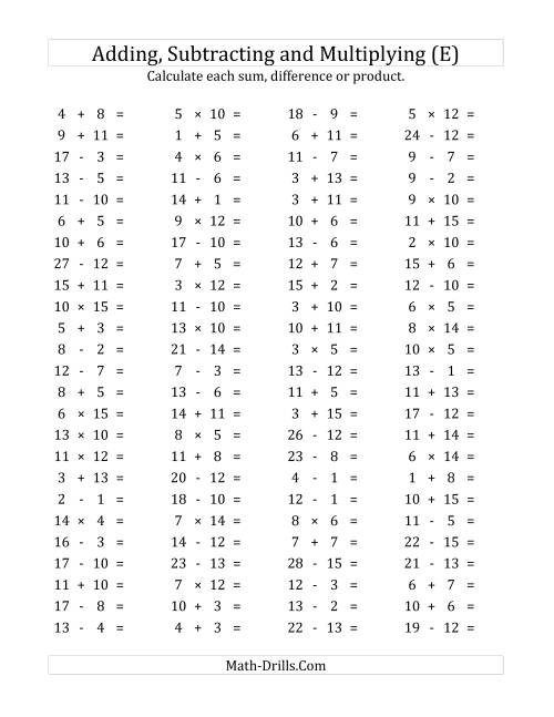 The 100 Horizontal Addition/Subtraction/Multiplication Questions (Facts 1 to 15) (E) Math Worksheet