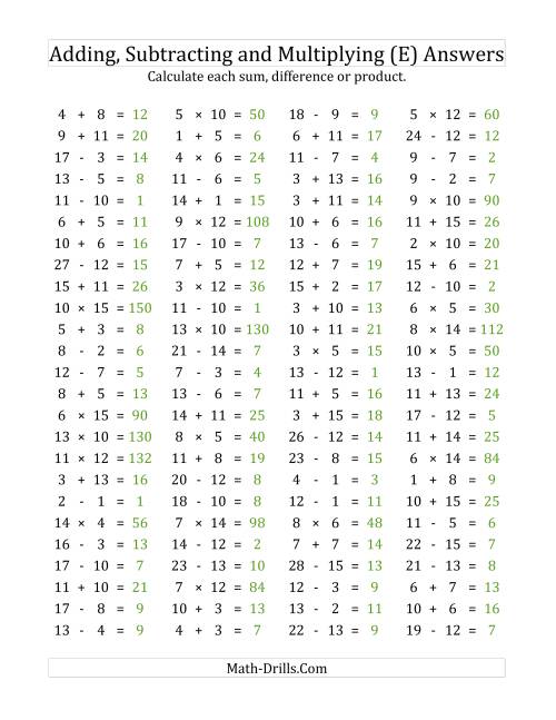 The 100 Horizontal Addition/Subtraction/Multiplication Questions (Facts 1 to 15) (E) Math Worksheet Page 2