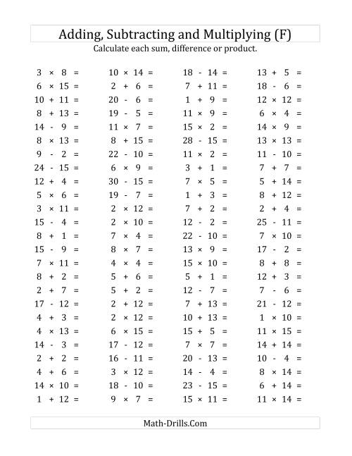 The 100 Horizontal Addition/Subtraction/Multiplication Questions (Facts 1 to 15) (F) Math Worksheet