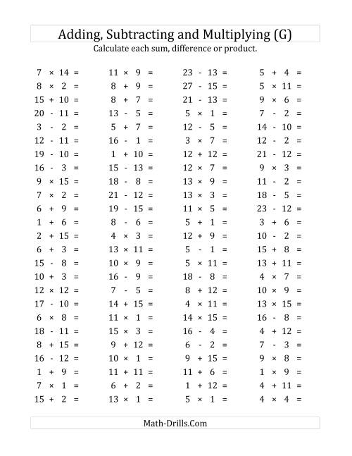 The 100 Horizontal Addition/Subtraction/Multiplication Questions (Facts 1 to 15) (G) Math Worksheet