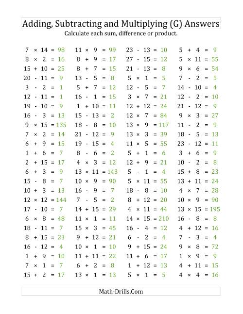 The 100 Horizontal Addition/Subtraction/Multiplication Questions (Facts 1 to 15) (G) Math Worksheet Page 2