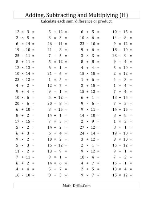 The 100 Horizontal Addition/Subtraction/Multiplication Questions (Facts 1 to 15) (H) Math Worksheet