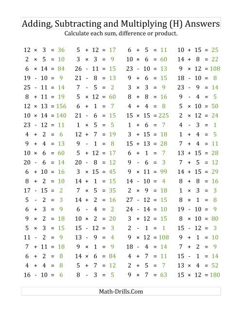 The 100 Horizontal Addition/Subtraction/Multiplication Questions (Facts 1 to 15) (H) Math Worksheet Page 2