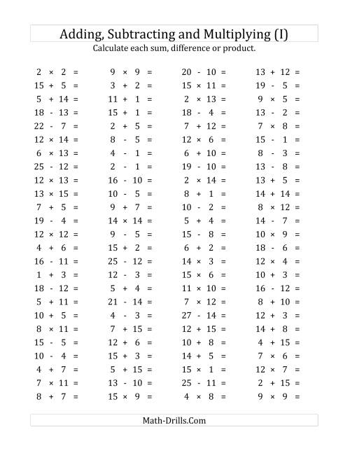 The 100 Horizontal Addition/Subtraction/Multiplication Questions (Facts 1 to 15) (I) Math Worksheet
