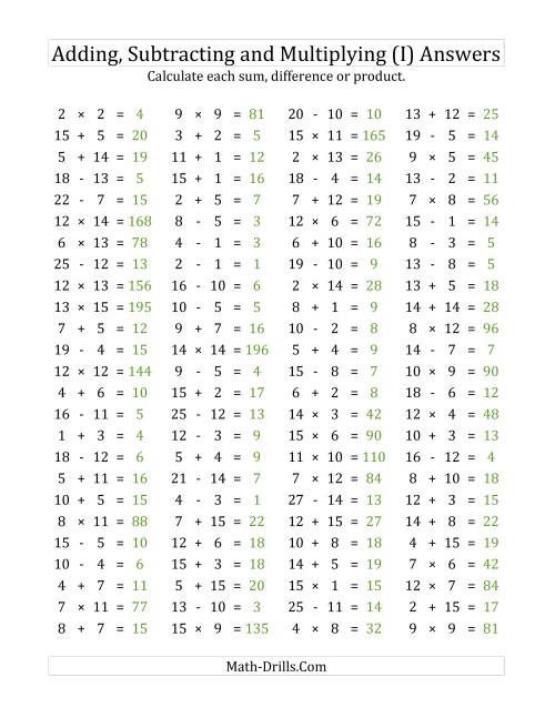 The 100 Horizontal Addition/Subtraction/Multiplication Questions (Facts 1 to 15) (I) Math Worksheet Page 2