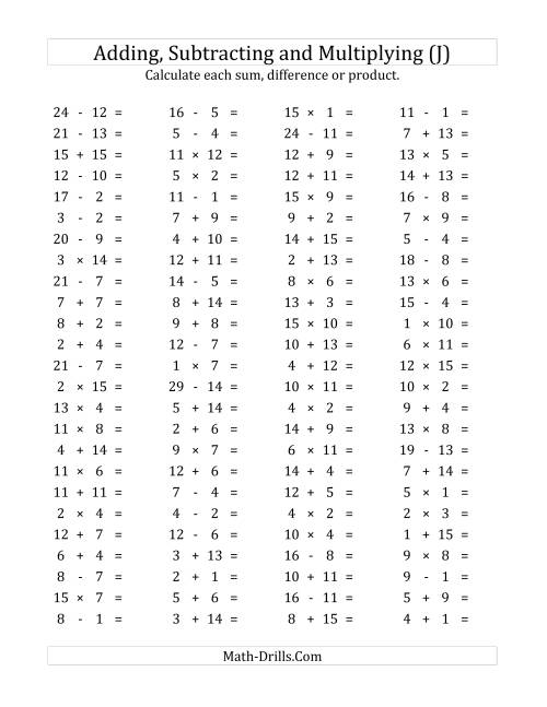 The 100 Horizontal Addition/Subtraction/Multiplication Questions (Facts 1 to 15) (J) Math Worksheet
