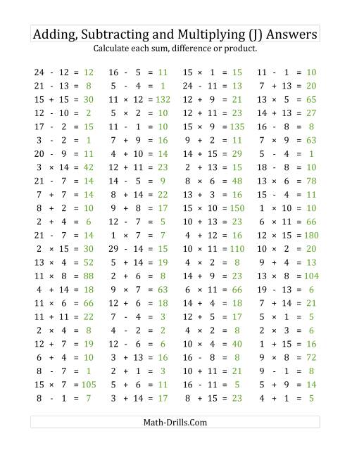 The 100 Horizontal Addition/Subtraction/Multiplication Questions (Facts 1 to 15) (J) Math Worksheet Page 2