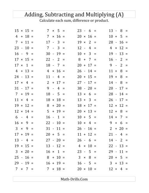 The 100 Horizontal Addition/Subtraction/Multiplication Questions (Facts 1 to 20) (A) Math Worksheet