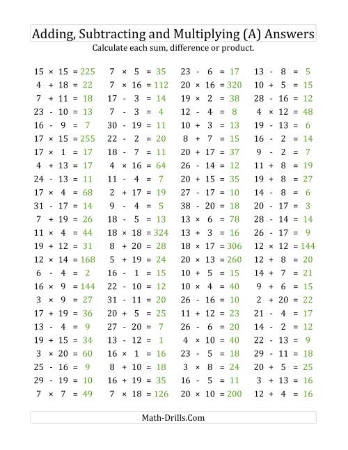 The 100 Horizontal Addition/Subtraction/Multiplication Questions (Facts 1 to 20) (A) Math Worksheet Page 2