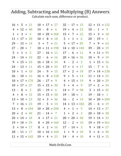 The 100 Horizontal Addition/Subtraction/Multiplication Questions (Facts 1 to 20) (B) Math Worksheet Page 2