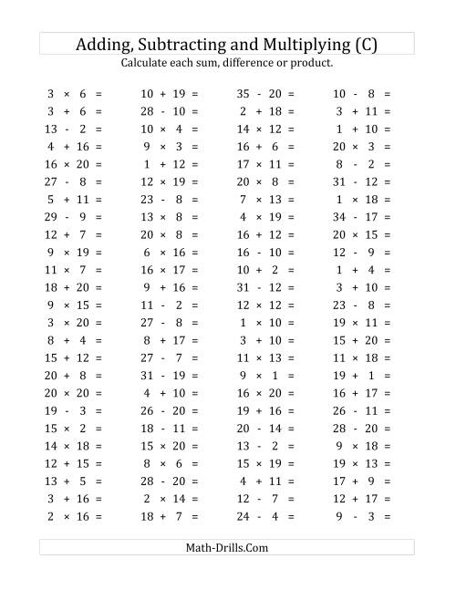 The 100 Horizontal Addition/Subtraction/Multiplication Questions (Facts 1 to 20) (C) Math Worksheet