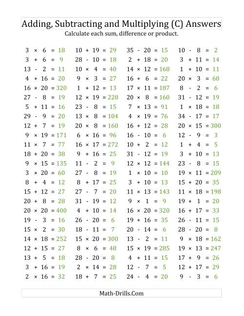 The 100 Horizontal Addition/Subtraction/Multiplication Questions (Facts 1 to 20) (C) Math Worksheet Page 2