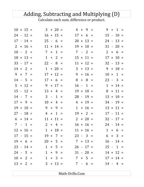 The 100 Horizontal Addition/Subtraction/Multiplication Questions (Facts 1 to 20) (D) Math Worksheet