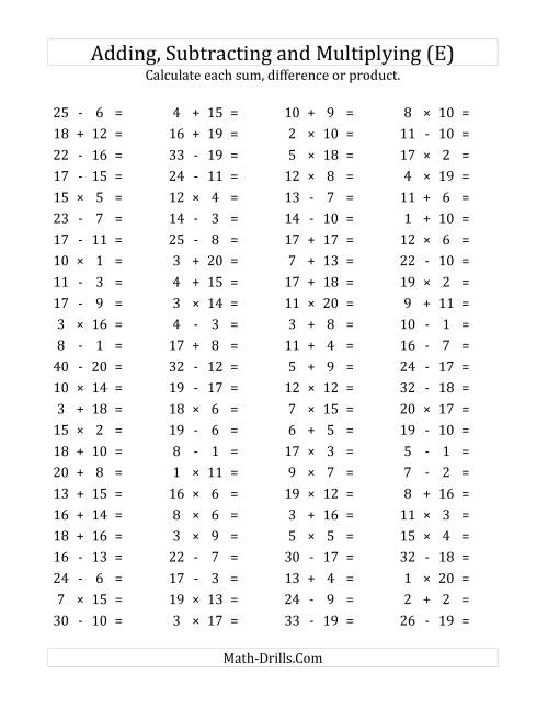 The 100 Horizontal Addition/Subtraction/Multiplication Questions (Facts 1 to 20) (E) Math Worksheet