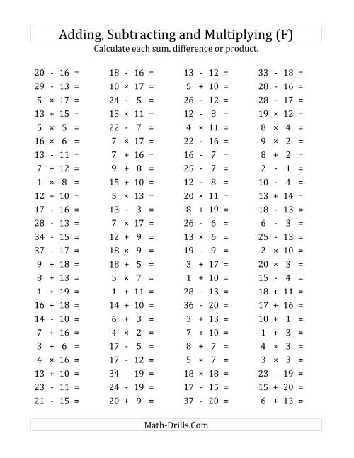 The 100 Horizontal Addition/Subtraction/Multiplication Questions (Facts 1 to 20) (F) Math Worksheet