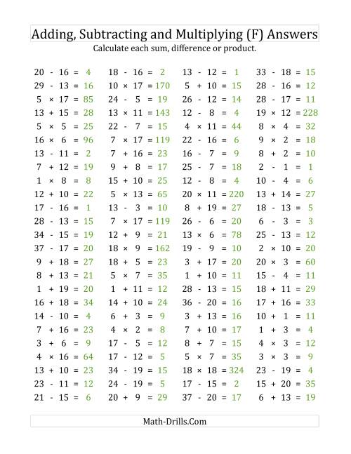 The 100 Horizontal Addition/Subtraction/Multiplication Questions (Facts 1 to 20) (F) Math Worksheet Page 2
