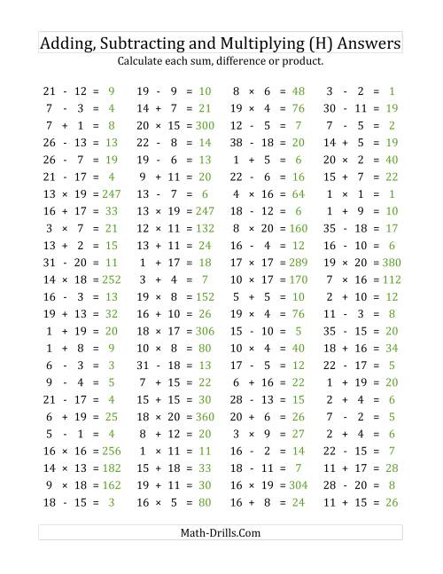 The 100 Horizontal Addition/Subtraction/Multiplication Questions (Facts 1 to 20) (H) Math Worksheet Page 2