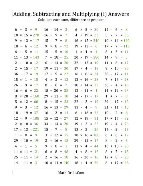 The 100 Horizontal Addition/Subtraction/Multiplication Questions (Facts 1 to 20) (I) Math Worksheet Page 2