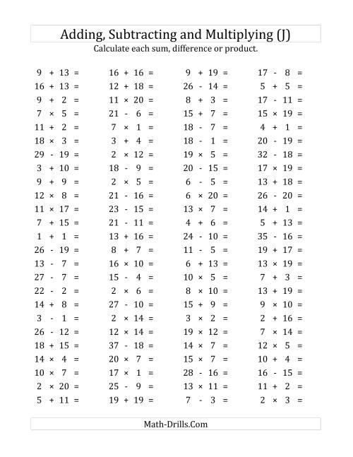 The 100 Horizontal Addition/Subtraction/Multiplication Questions (Facts 1 to 20) (J) Math Worksheet