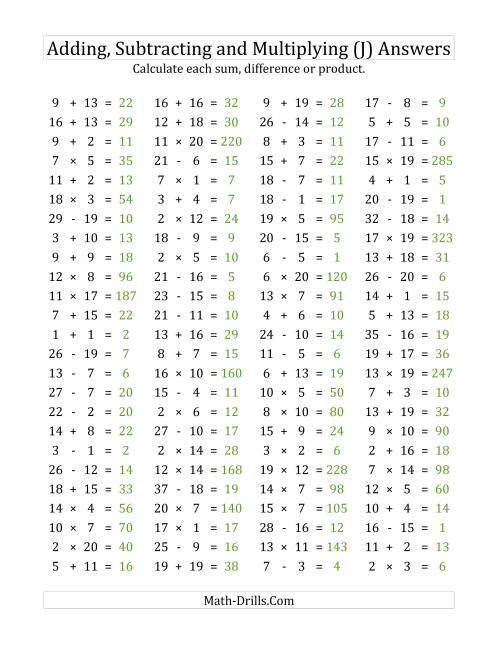 The 100 Horizontal Addition/Subtraction/Multiplication Questions (Facts 1 to 20) (J) Math Worksheet Page 2
