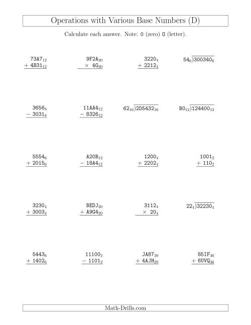 The All Operations with Various Base Numbers (D) Math Worksheet