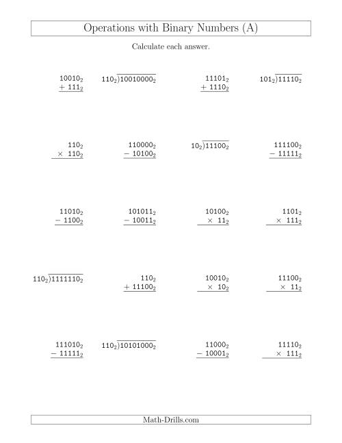 The All Operations with Binary Numbers (Base 2) (A) Math Worksheet