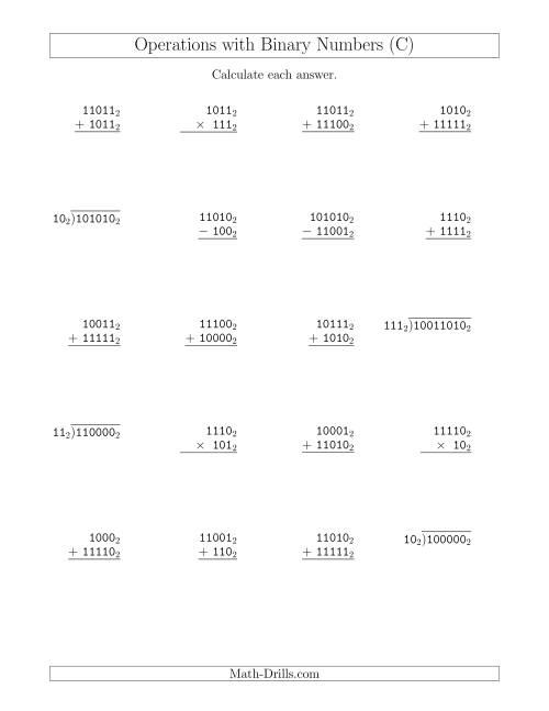 The All Operations with Binary Numbers (Base 2) (C) Math Worksheet