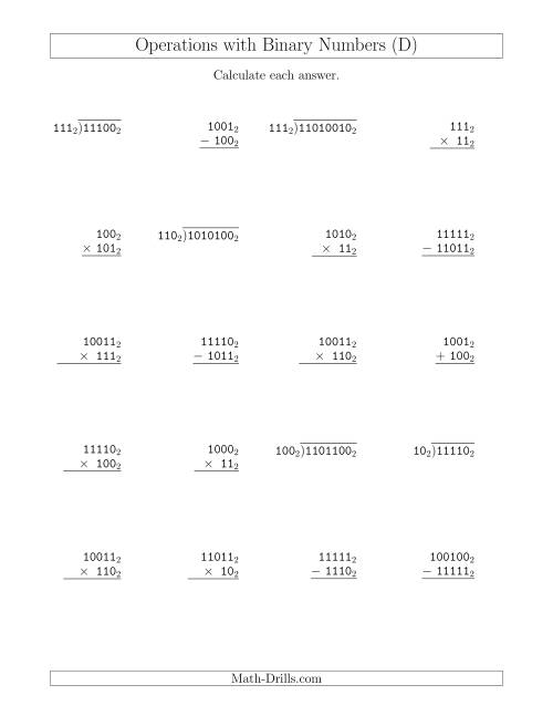 The All Operations with Binary Numbers (Base 2) (D) Math Worksheet