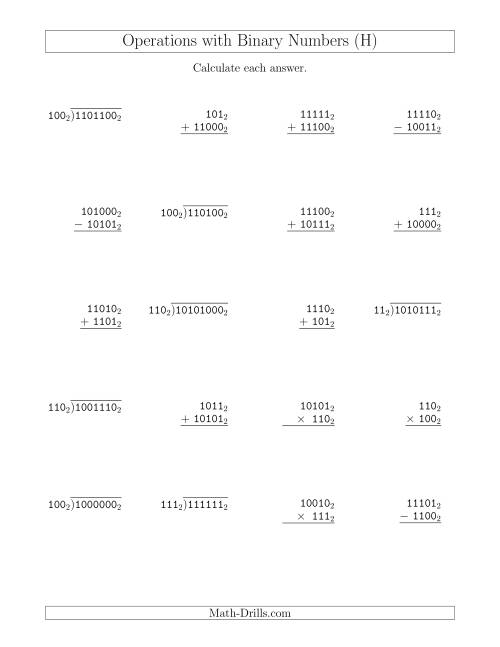 The All Operations with Binary Numbers (Base 2) (H) Math Worksheet