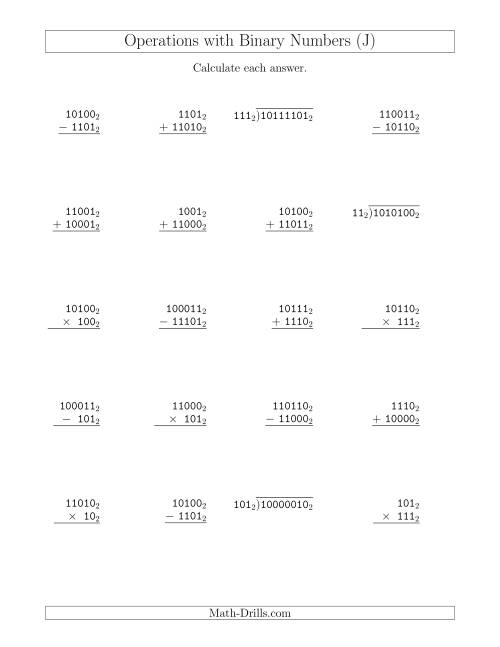 The All Operations with Binary Numbers (Base 2) (J) Math Worksheet
