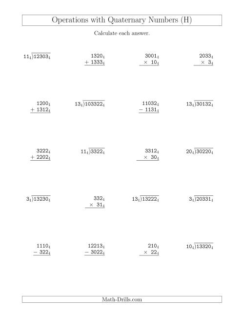 The All Operations with Quaternary Numbers (Base 4) (H) Math Worksheet