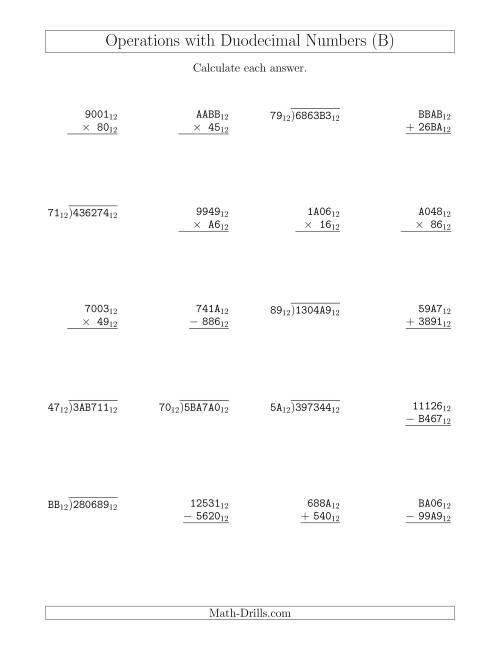 The All Operations with Duodecimal Numbers (Base 12) (B) Math Worksheet