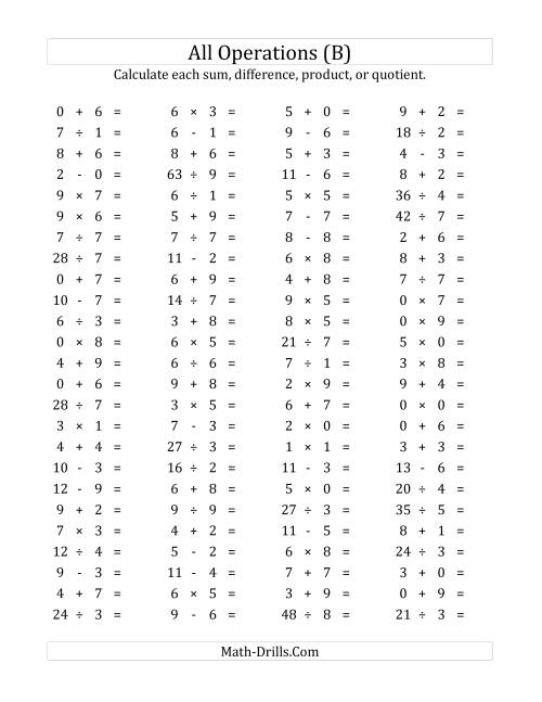 The 100 Horizontal Mixed Operations Questions (Facts 0 to 9) (B) Math Worksheet