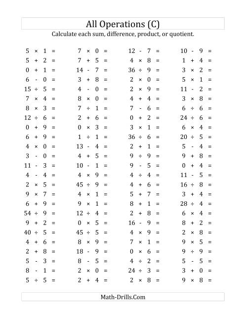The 100 Horizontal Mixed Operations Questions (Facts 0 to 9) (C) Math Worksheet