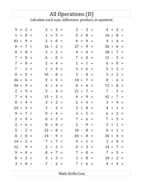 The 100 Horizontal Mixed Operations Questions (Facts 0 to 9) (D) Math Worksheet