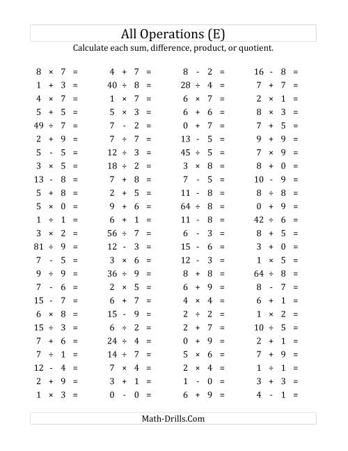 The 100 Horizontal Mixed Operations Questions (Facts 0 to 9) (E) Math Worksheet