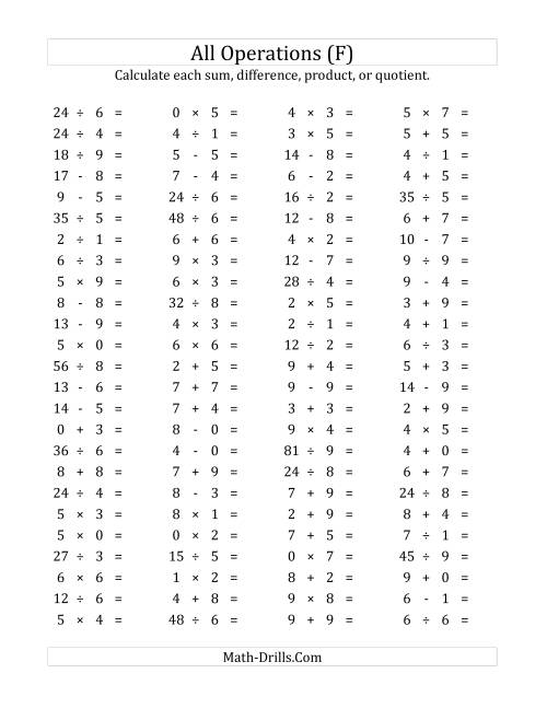 The 100 Horizontal Mixed Operations Questions (Facts 0 to 9) (F) Math Worksheet