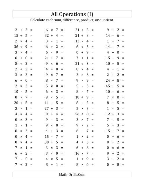 The 100 Horizontal Mixed Operations Questions (Facts 0 to 9) (I) Math Worksheet