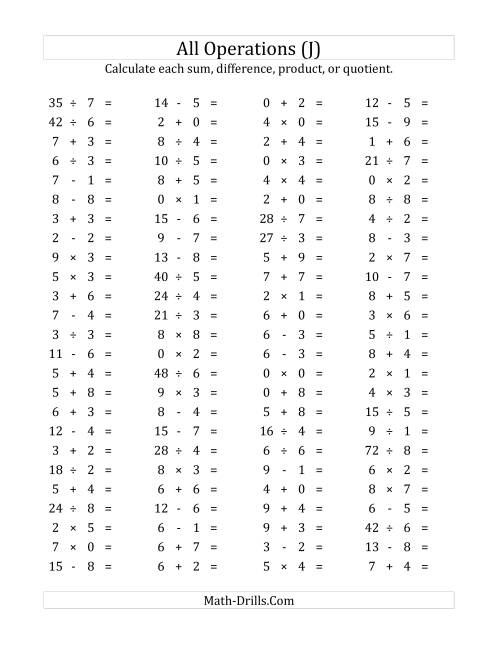The 100 Horizontal Mixed Operations Questions (Facts 0 to 9) (J) Math Worksheet