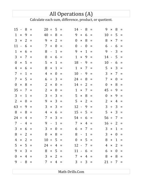 The 100 Horizontal Mixed Operations Questions (Facts 0 to 9) (All) Math Worksheet