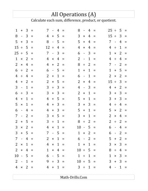 The 100 Horizontal Mixed Operations Questions (Facts 1 to 5) (A) Math Worksheet