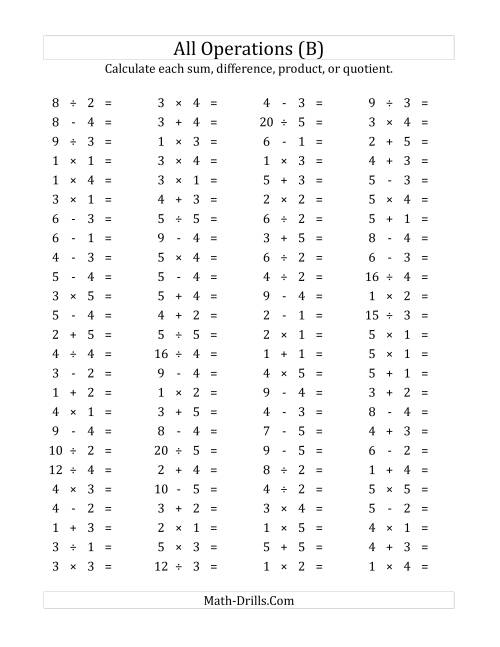 The 100 Horizontal Mixed Operations Questions (Facts 1 to 5) (B) Math Worksheet
