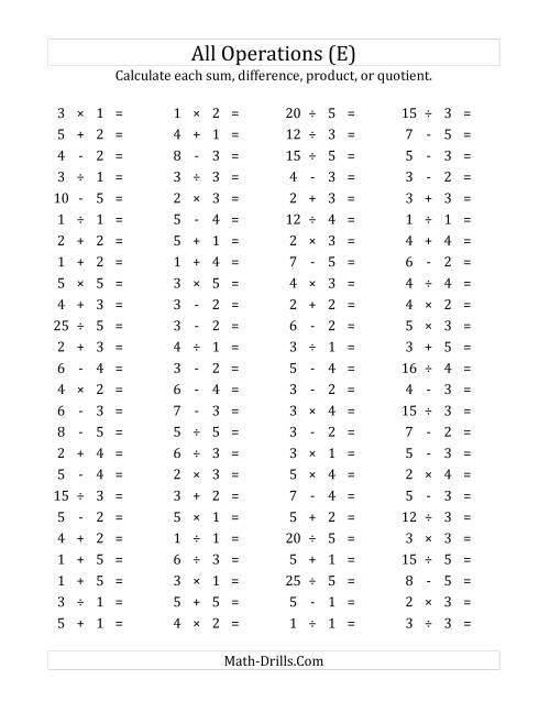 The 100 Horizontal Mixed Operations Questions (Facts 1 to 5) (E) Math Worksheet