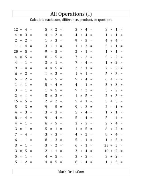 The 100 Horizontal Mixed Operations Questions (Facts 1 to 5) (I) Math Worksheet