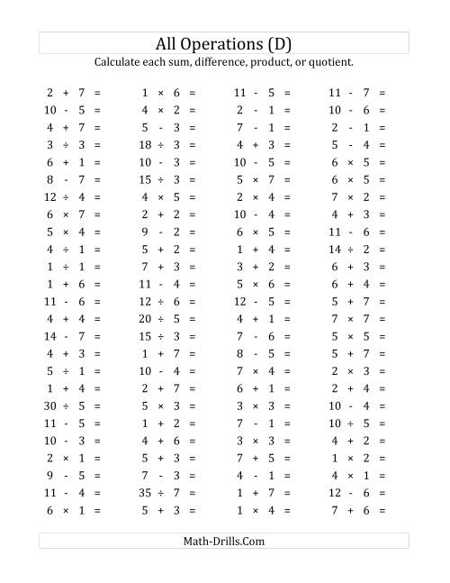 The 100 Horizontal Mixed Operations Questions (Facts 1 to 7) (D) Math Worksheet