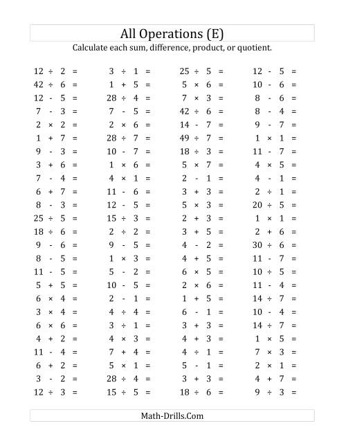 The 100 Horizontal Mixed Operations Questions (Facts 1 to 7) (E) Math Worksheet
