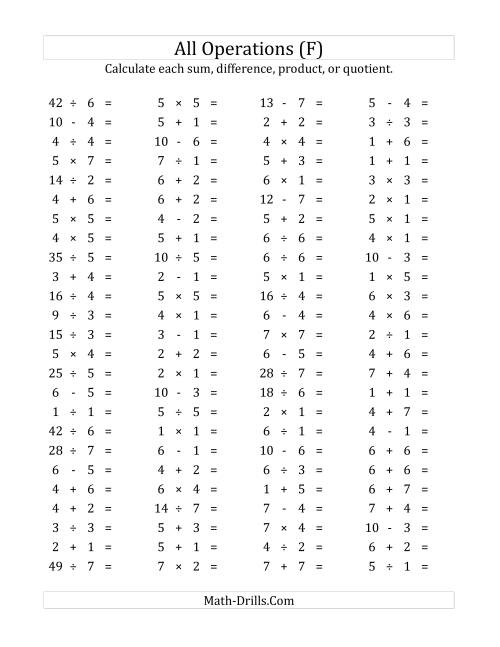 The 100 Horizontal Mixed Operations Questions (Facts 1 to 7) (F) Math Worksheet